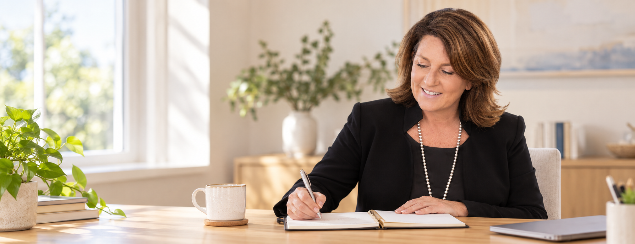 Fiona Reid working at her desk